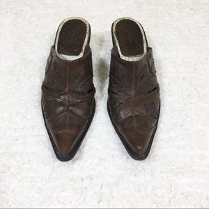 Fioni Brown Leather Western Cut Out Mules